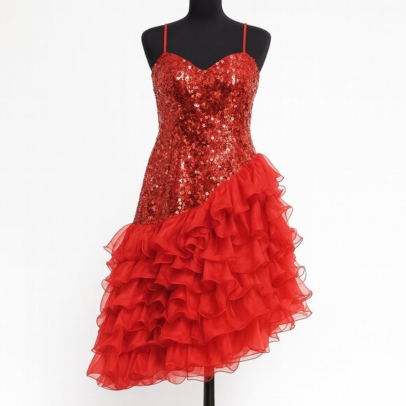 Red Sequin Ruffle Cocktail Dress – Sparkly Prom/Homecoming Party Dress - Picture 1 of 5